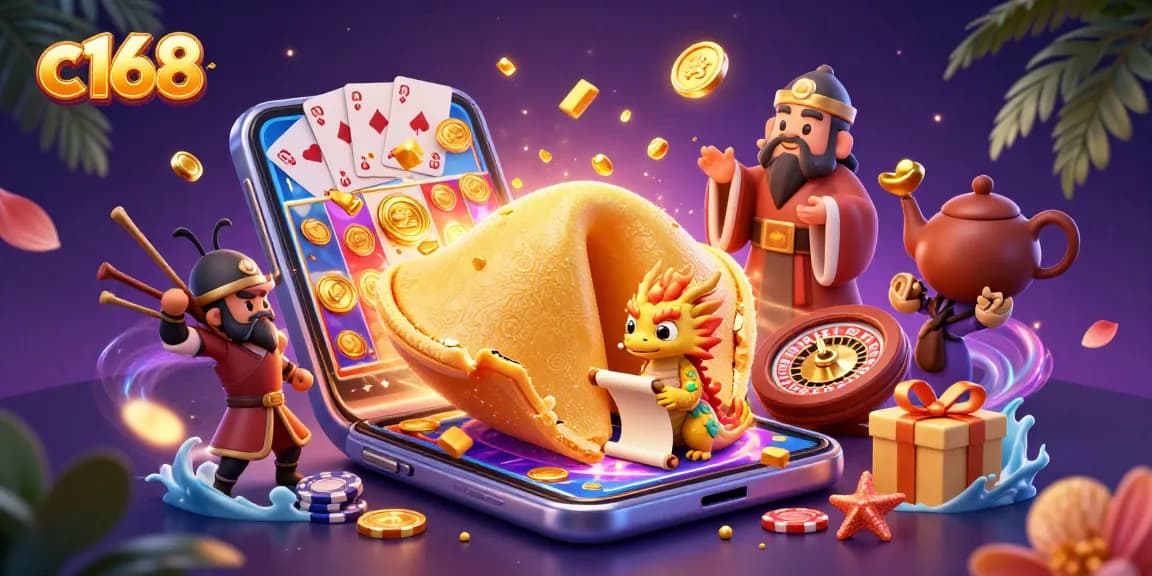 Get ready to win with c168's vibrant 3D casino themed illustration featuring a golden fortune cookie and slot games.