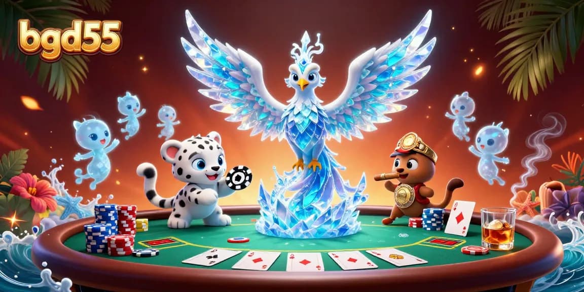Engage with bgd55's vibrant casino atmosphere featuring a phoenix, playful snow leopard, and dynamic poker elements.