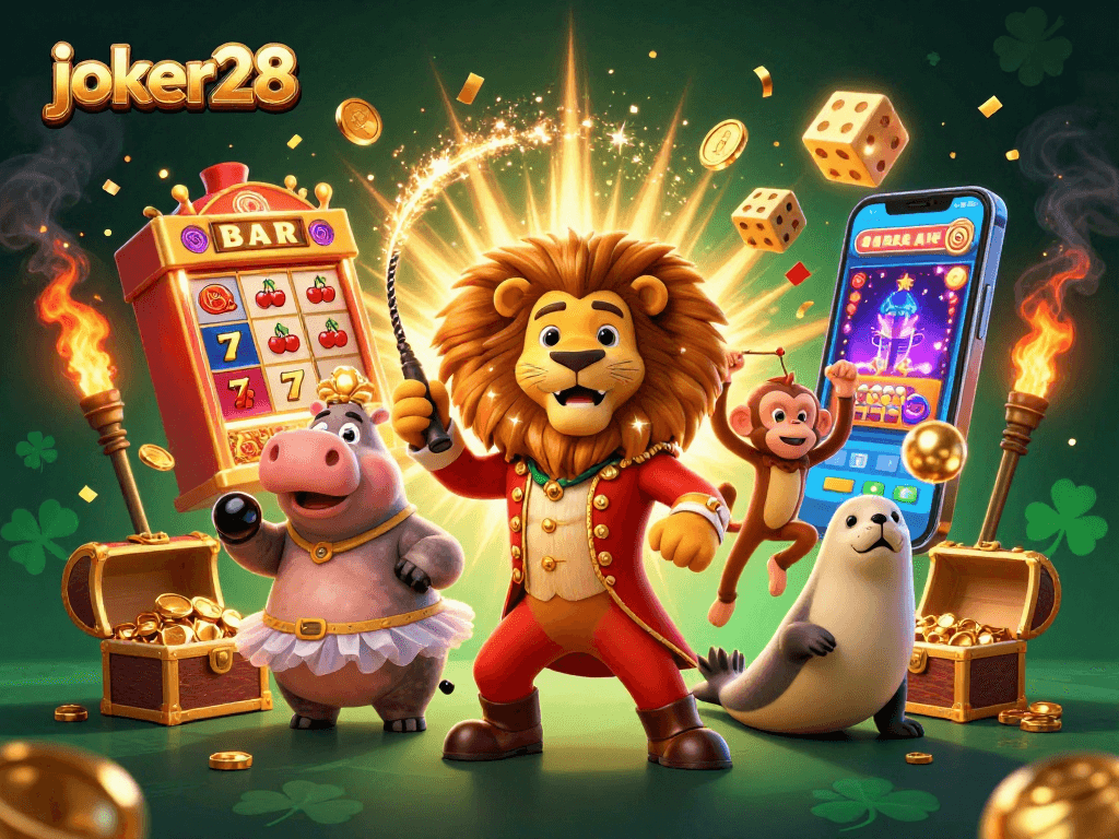 Permainan slot gacor joker28 menampilkan karakter hewan sirkus dalam ilustrasi 3D yang menarik.
