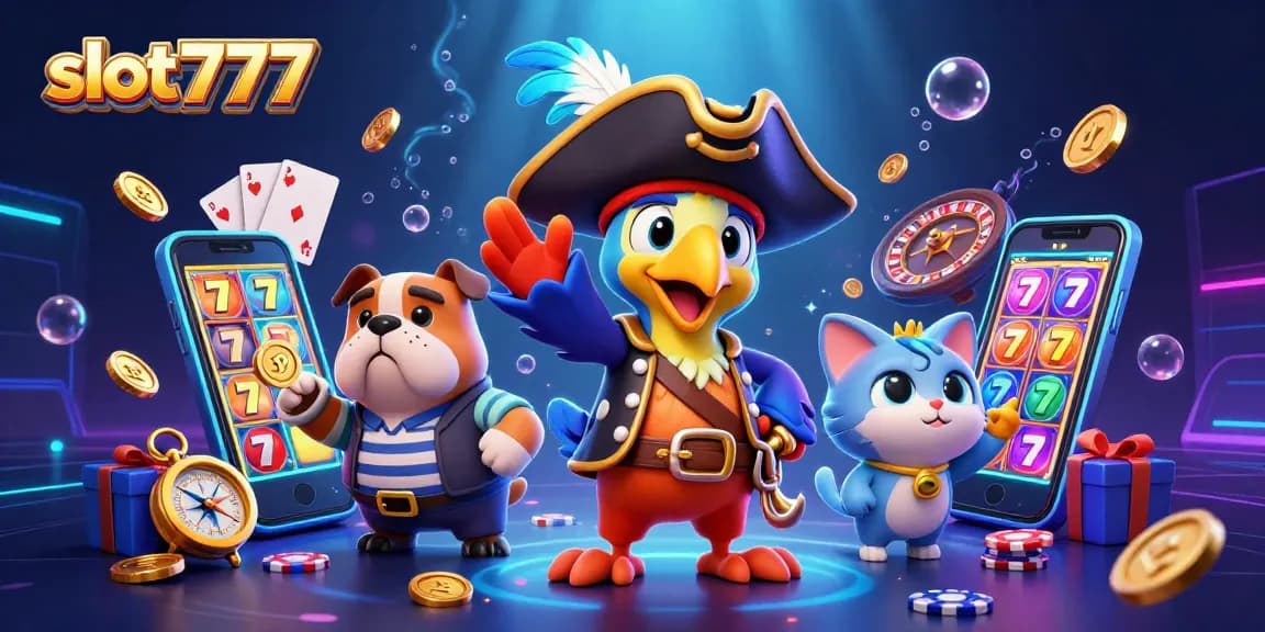 Engage with slot777 through vibrant 3D gaming visuals, featuring dynamic slot games, golden coins, and playful characters.