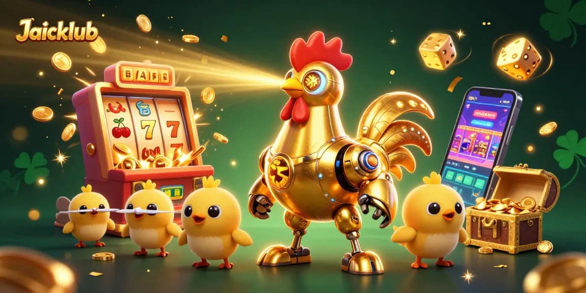 Engage in thrilling gameplay at Jaiclub with a futuristic scene featuring a golden rooster robot and exciting winning elements.