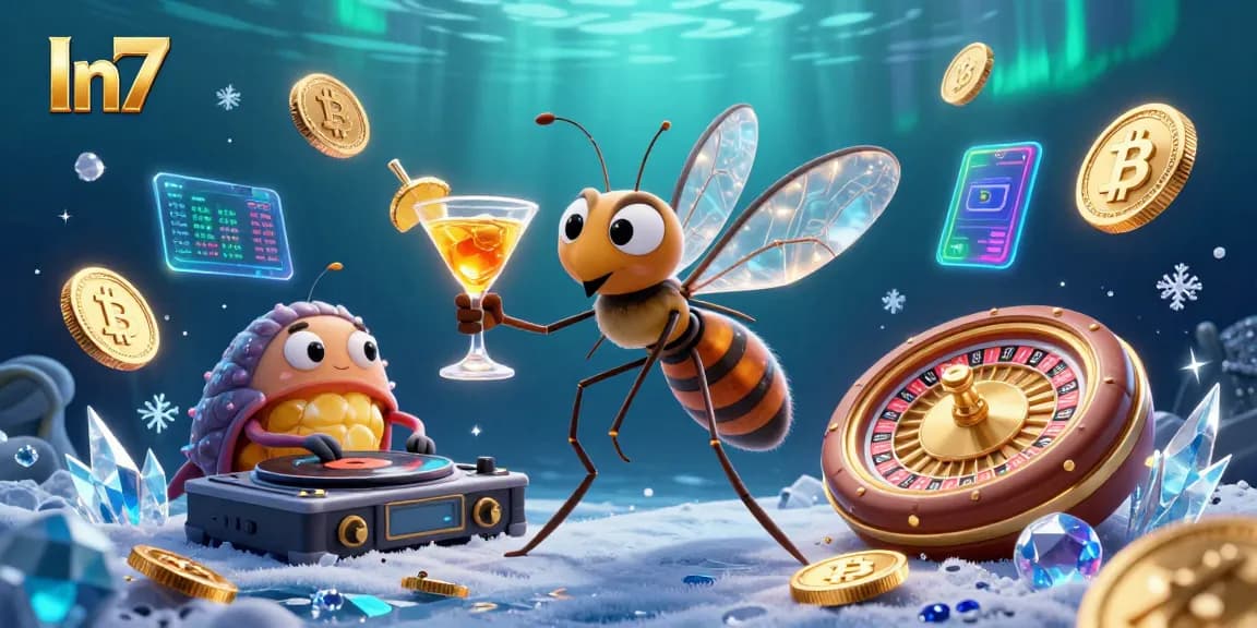 In7 casinos come alive with a frozen mosquito mascot and trilobite DJ amidst crypto elements.