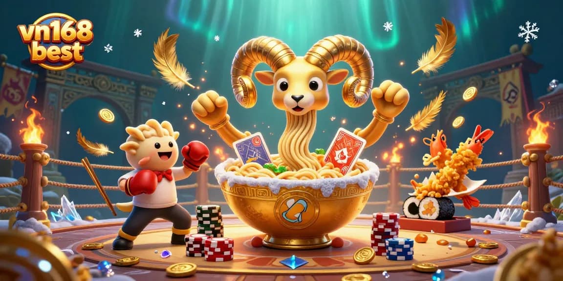 Win big at vn168 best with a vibrant, 3D casino scene featuring a giant ramen bowl dealer and lively game elements.