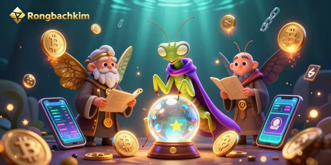 Engage in thrilling Rongbachkim lottery statistics with a mystical fortune teller and wise moth surrounded by cryptocurrency icons.