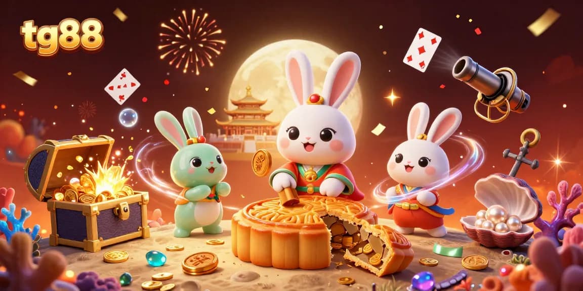 Engage in exciting gaming with tg88, featuring a lively moon rabbit scene full of casino elements.