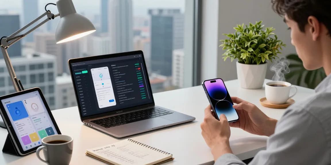 Testing the iPhone 17 features in a modern tech workspace with gadgets.
