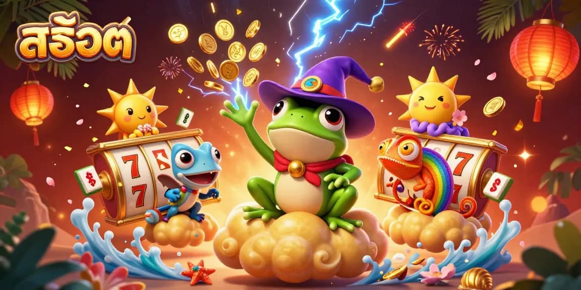 Engage in สล็อต gameplay with a whimsical scene featuring a frog wizard and a chameleon on golden clouds.