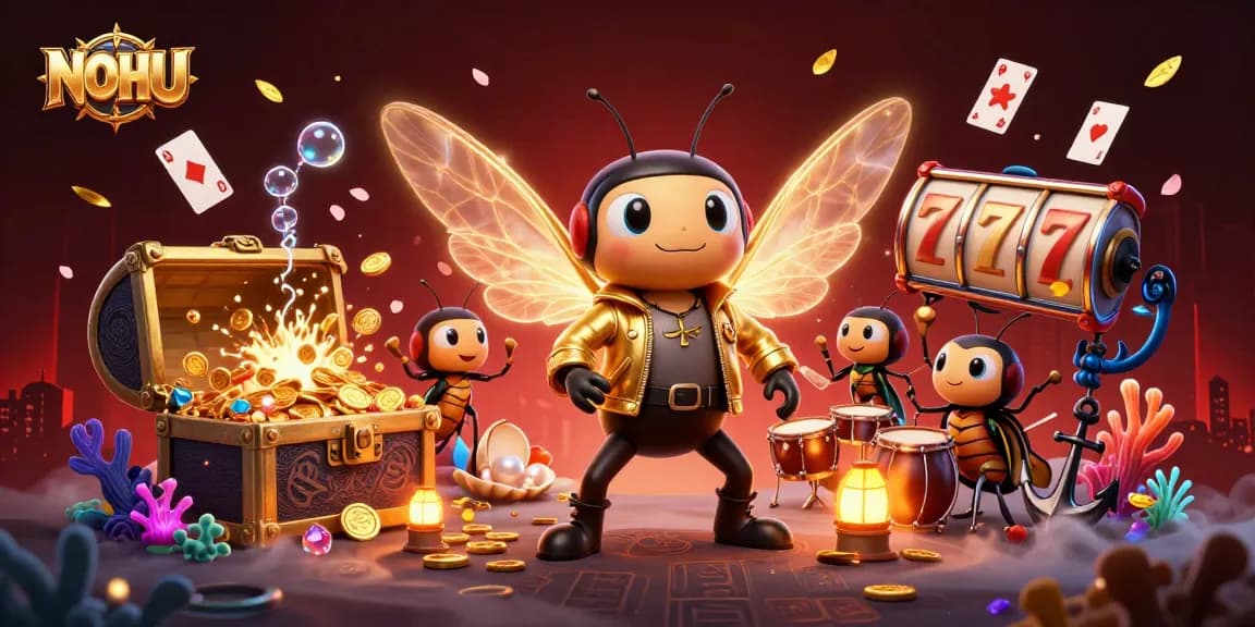 NOHU showcases thrilling gameplay with a rock star cicada and vibrant casino elements in a dynamic 3D scene.
