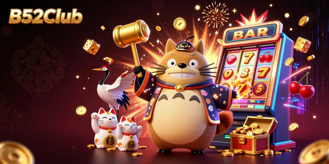 B52Club engages players with a vibrant 3D illustration featuring a tanuki, samurai crane, and waving maneki-neko amidst explosive casino elements.