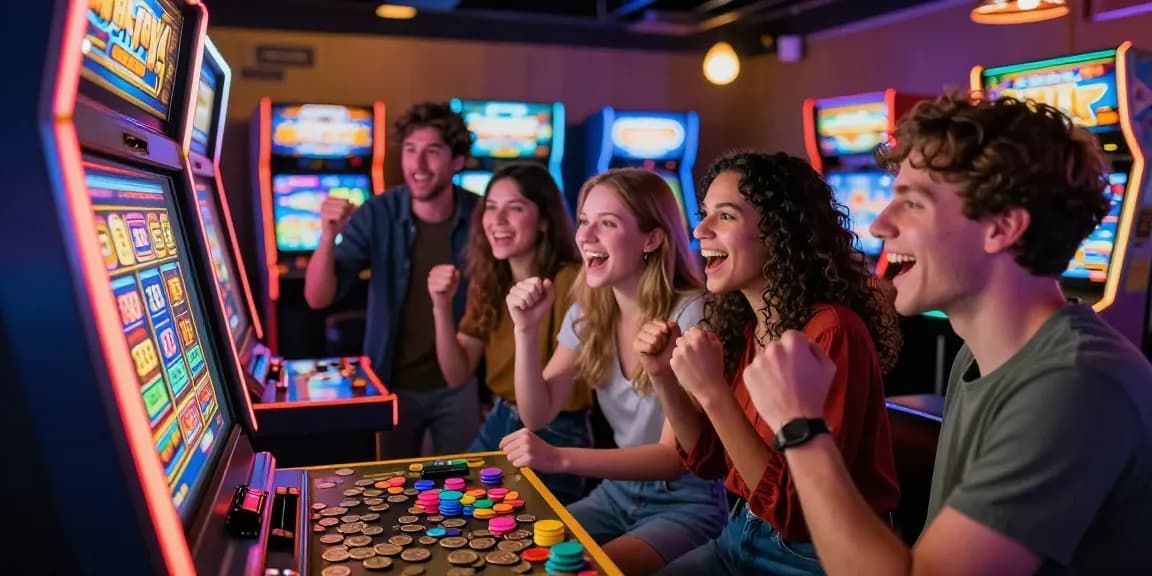 Permainan slot di arcade dengan pemain bergembira merayakan kemenangan.