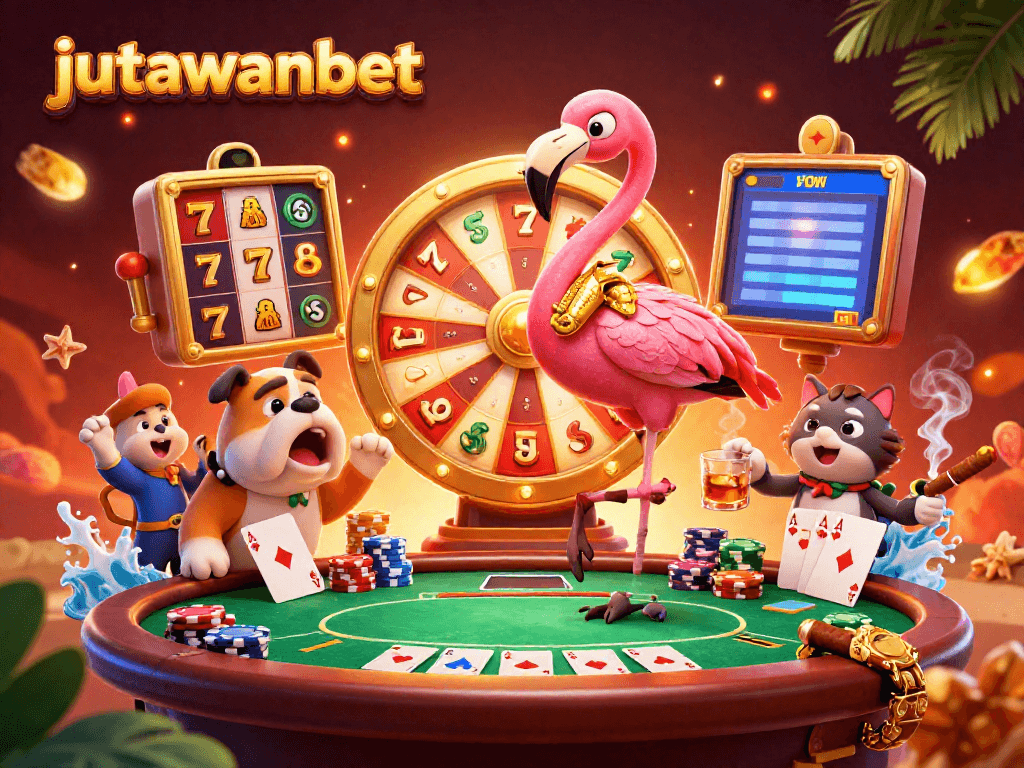 Experience thrilling gameplay at jutawanbet featuring dynamic characters, slot reels, and vibrant casino elements.