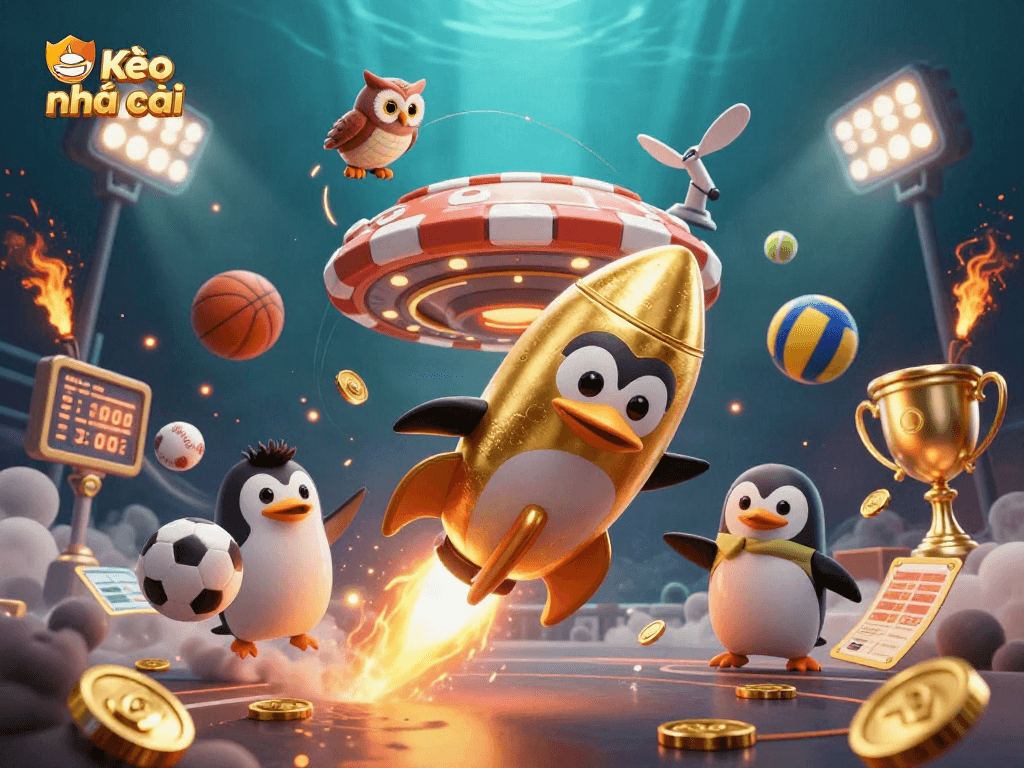 Kèo nhà cái: A golden penguin zooms toward a casino satellite, surrounded by sports elements and golden coins.
