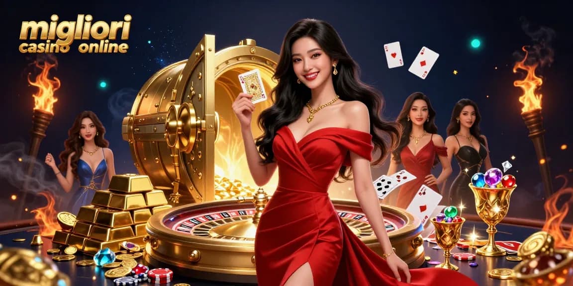 Vivi l'emozione nei migliori casino online con una donna asiatica sicura di sé che mostra la sua carta da gioco d'oro accanto a una ruota della roulette dorata.