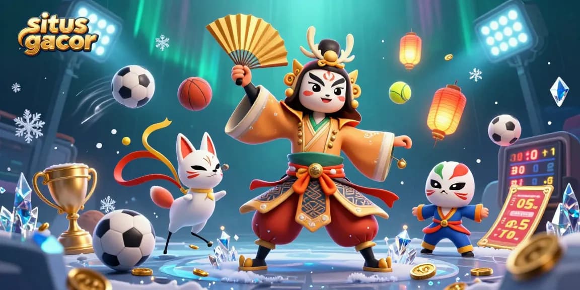 situs gacor showcases a vibrant casino scene with characters engaged in gambling activities amidst lively sports elements.