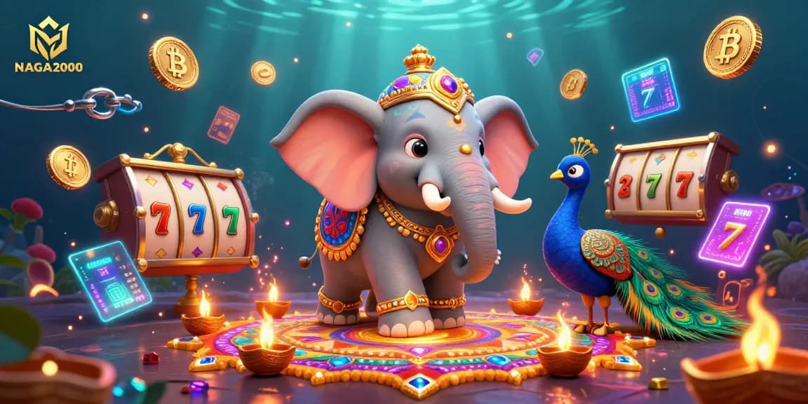 NAGA2000 menawarkan petualangan permainan slot yang mendebarkan dengan ilustrasi cerah dari gajah dan merak bertema Diwali.