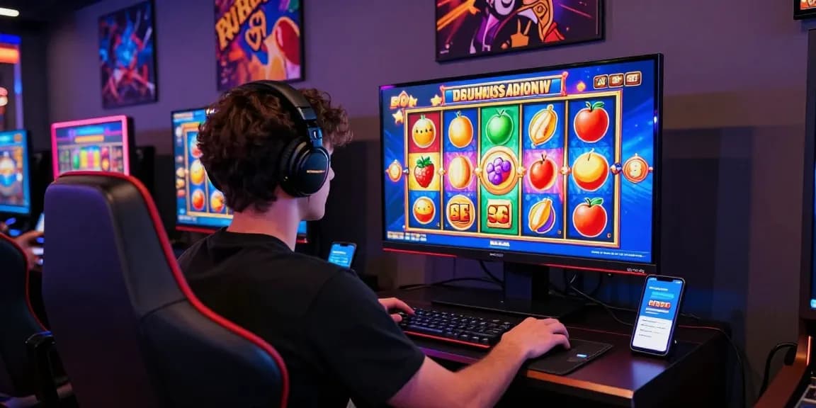 Permainan slot yang menarik dengan pemain antusias dan aplikasi Heroslot88 di lingkungan kasino virtual.