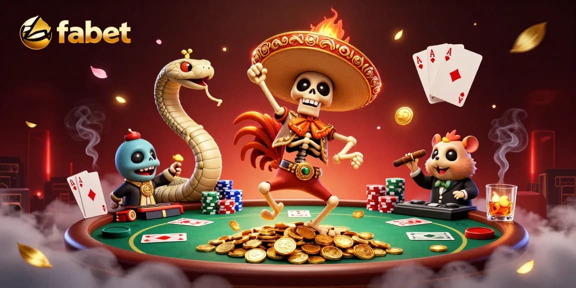 Engaging fabet scene with vibrant characters celebrating over poker elements and coins.