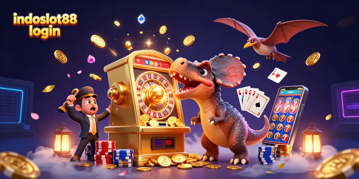 Catch the excitement of the indoslot88 login scene with a dinosaur, coins, and bright casino elements.