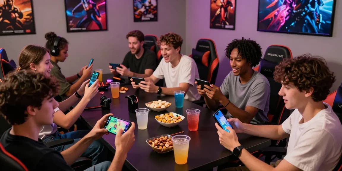 Group of friends immersed in gaming, play games on smartphones in a vibrant gaming lounge.