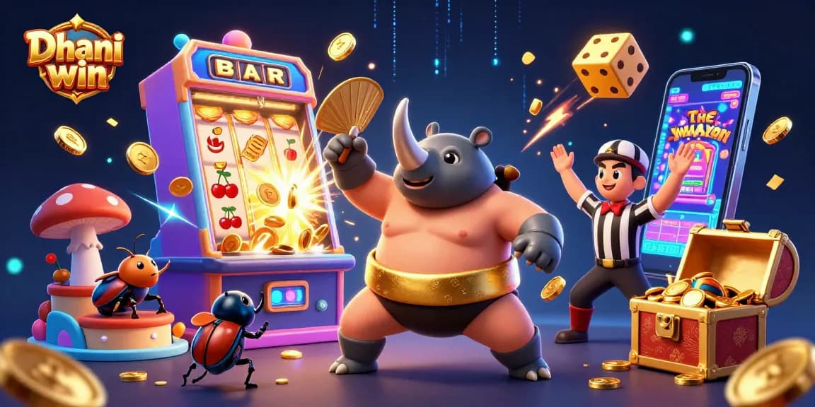 Dhani win gaming scene featuring the energetic rhinoceros beetle champion amidst slots and gold treasures.
