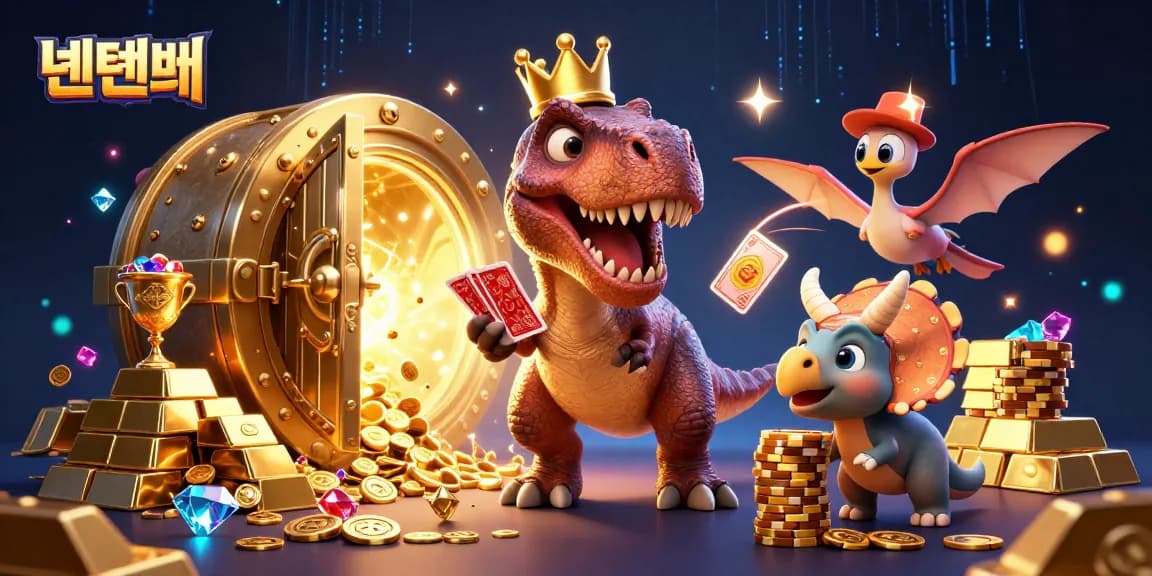 Experience the thrill of 텐텐벳 with a playful dinosaur-themed casino scene, showcasing fun gambling elements.