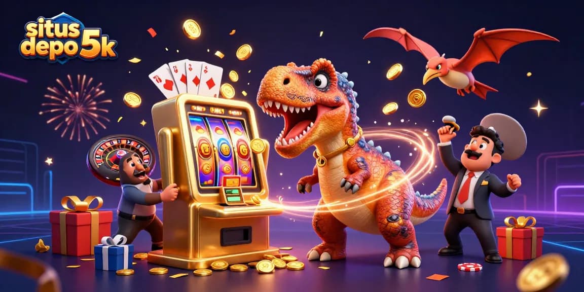 Situs depo 5k features a pachycephalosaurus winning a jackpot at a slot machine amidst flying coins and casino elements.