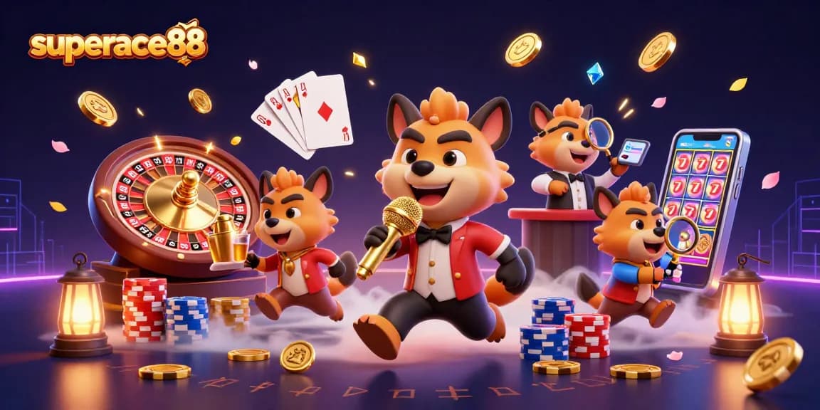 Engage in thrilling gaming at superace88 with vibrant casino characters amid sparkling gems and golden coins.