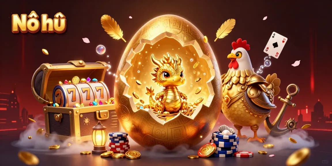 Nổ hũ game illustration showcasing a golden dragon surrounded by slot machines and poker chips