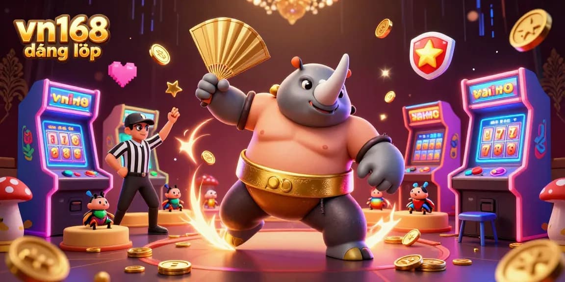 Experience excitement with vn168 đăng nhập in this dynamic illustration showcasing a cartoon beetle casino scene filled with golden coins.