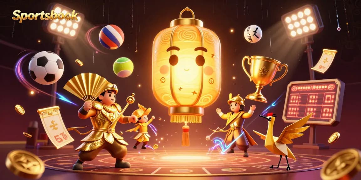 Taruhan olahraga terlaris di Sportsbook menampilkan elemen dinamis dari bola olahraga dan simbol keberuntungan.