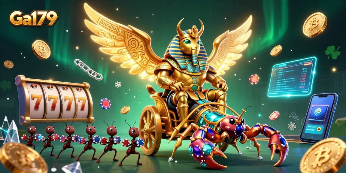 Engage with Ga179's thrilling jackpot slots featuring a colossal scarab beetle and vibrant casino elements.