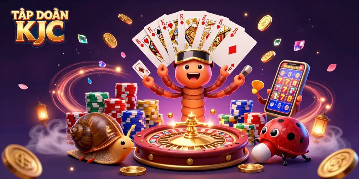 Experience the excitement of TẬP ĐOÀN KJC with our dynamic casino scene featuring animated characters.