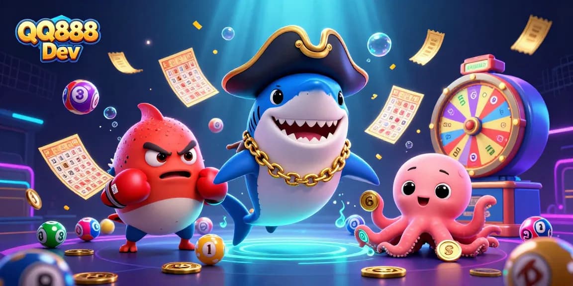 Engage with QQ888 Dev in this vibrant casino scene with playful sea creatures and exciting game elements.