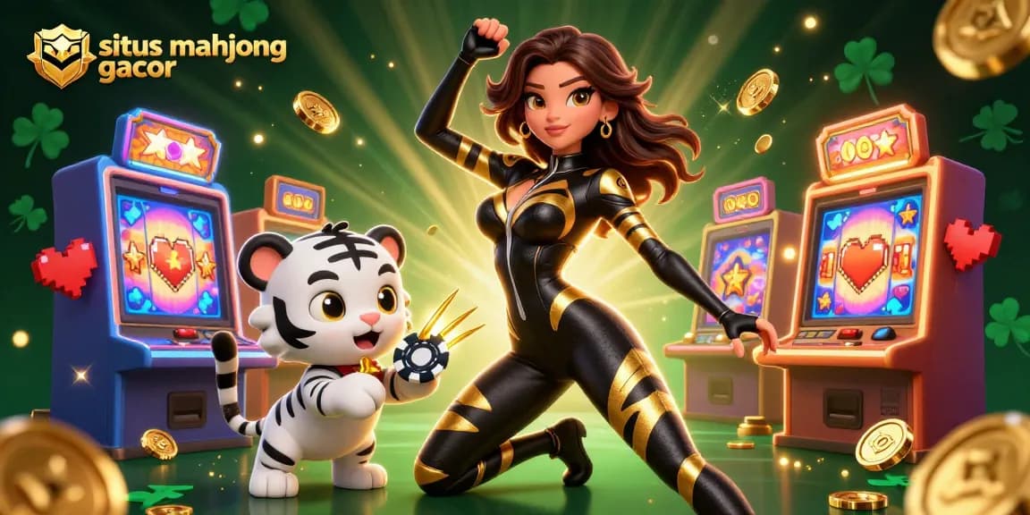 Experience the excitement of situs mahjong gacor with vibrant slot machines and a playful tiger.