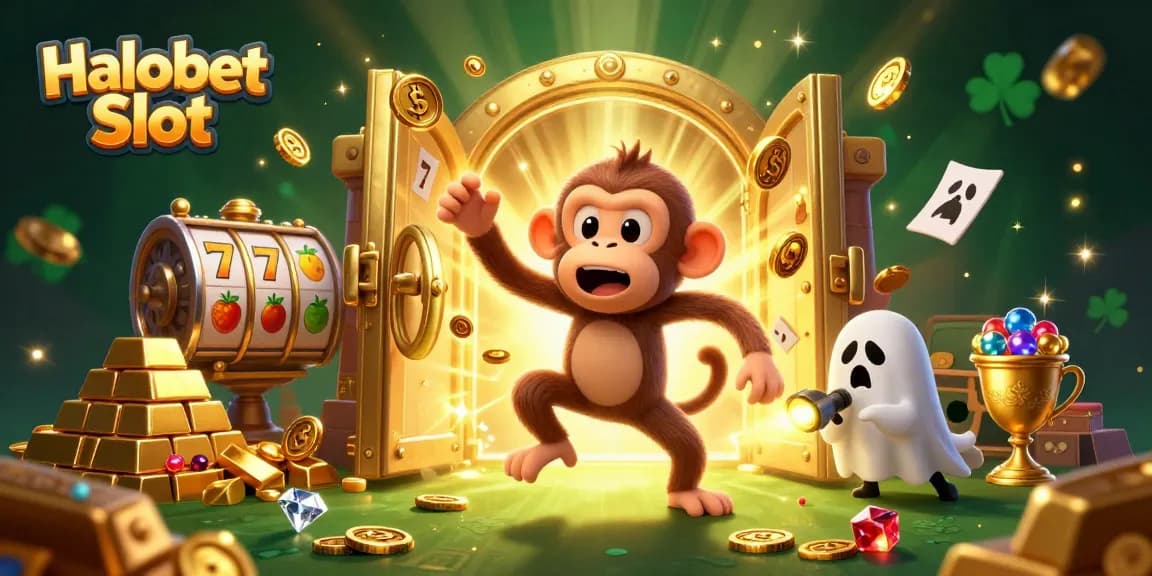 Engage with the thrilling world of Halobet Slot featuring a playful poltergeist monkey amidst golden treasures and vibrant games.