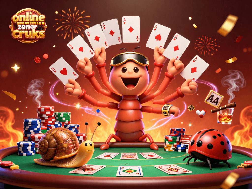 Gambarkan dealer kasino 3D dengan karakter unik di online casino tanpa cruks, mengelilingi tumpukan chip besar dan kartu poker.