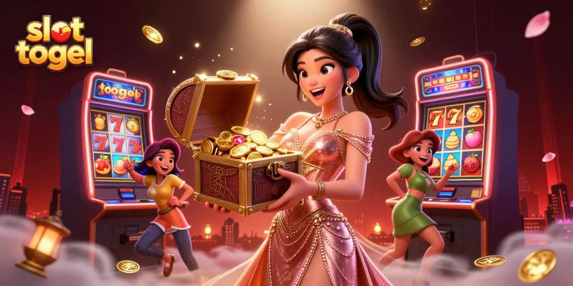 Experience excitement with slot togel featuring a dazzling treasure chest and vibrant slot machines.
