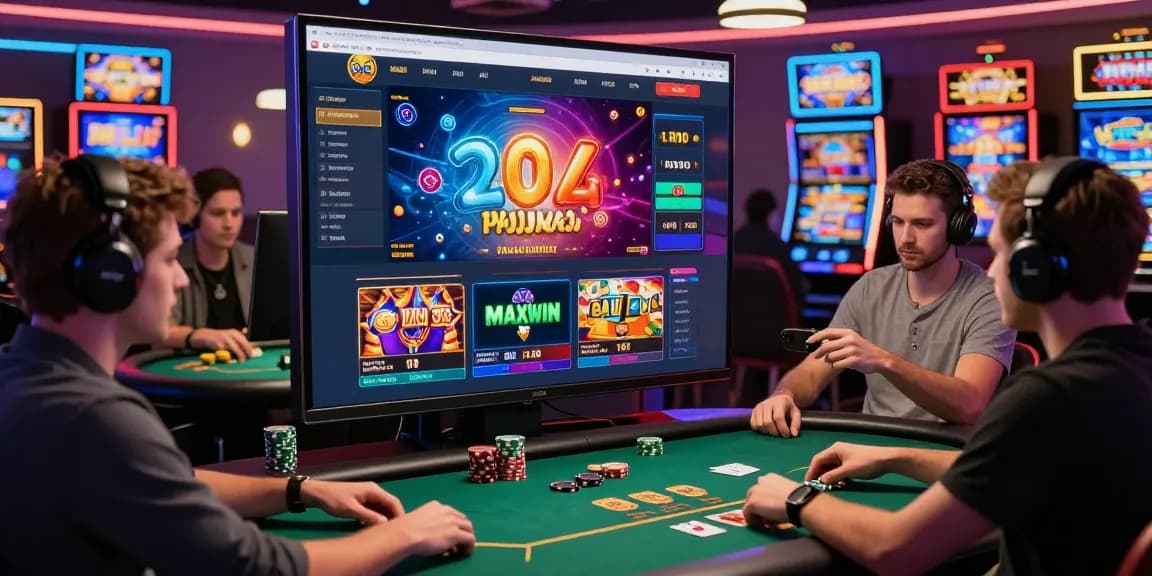 Exciting online gaming scene showcasing Slotmaxwin poker and slots with diverse players engaged in vibrant virtual casino atmosphere.