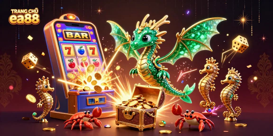 Experience the excitement of TRANG CHỦ ea88 with a vibrant casino illustration showcasing a sea dragon and slot machine.