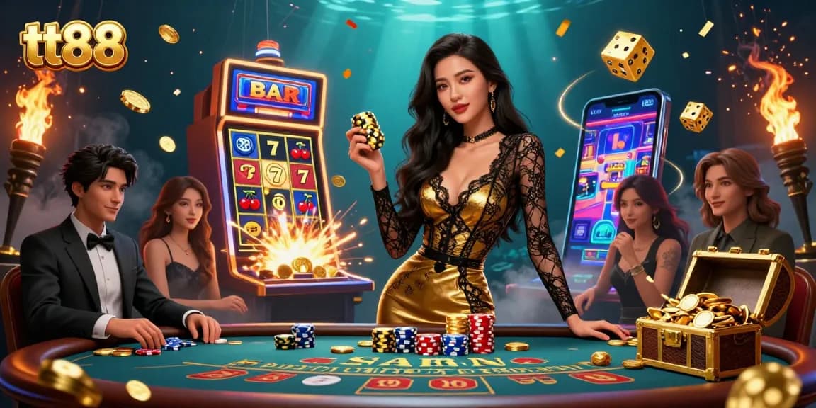 Play exciting games at tt88 with a glamorous lady showcasing her winnings at a luxurious casino.