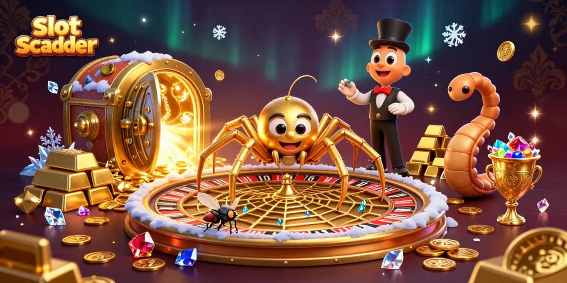 Experience the excitement of slot scatter with a golden spider and croupier in a dazzling casino scene.