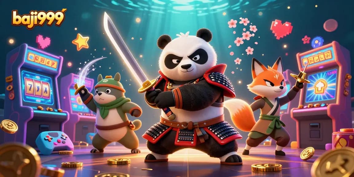 Baji999 players win awards while a samurai panda and a ninja fox engage in a thrilling casino adventure.