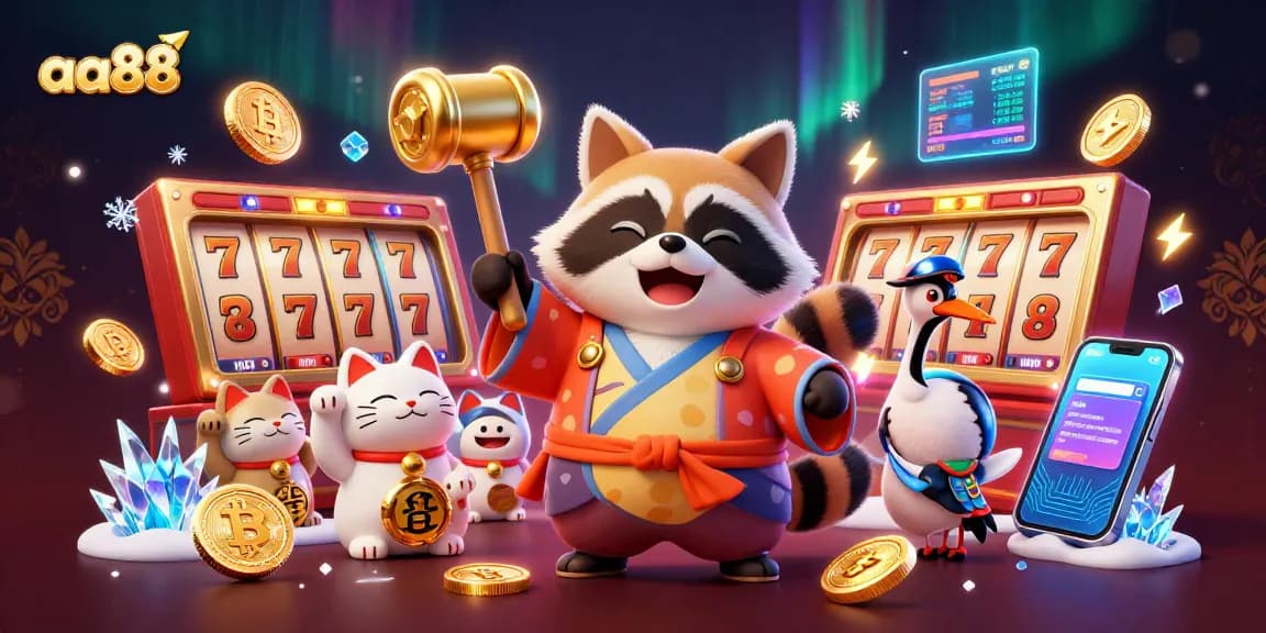 Engage with aa88 in a colorful casino scene featuring a cheerful tanuki and lucky charms.
