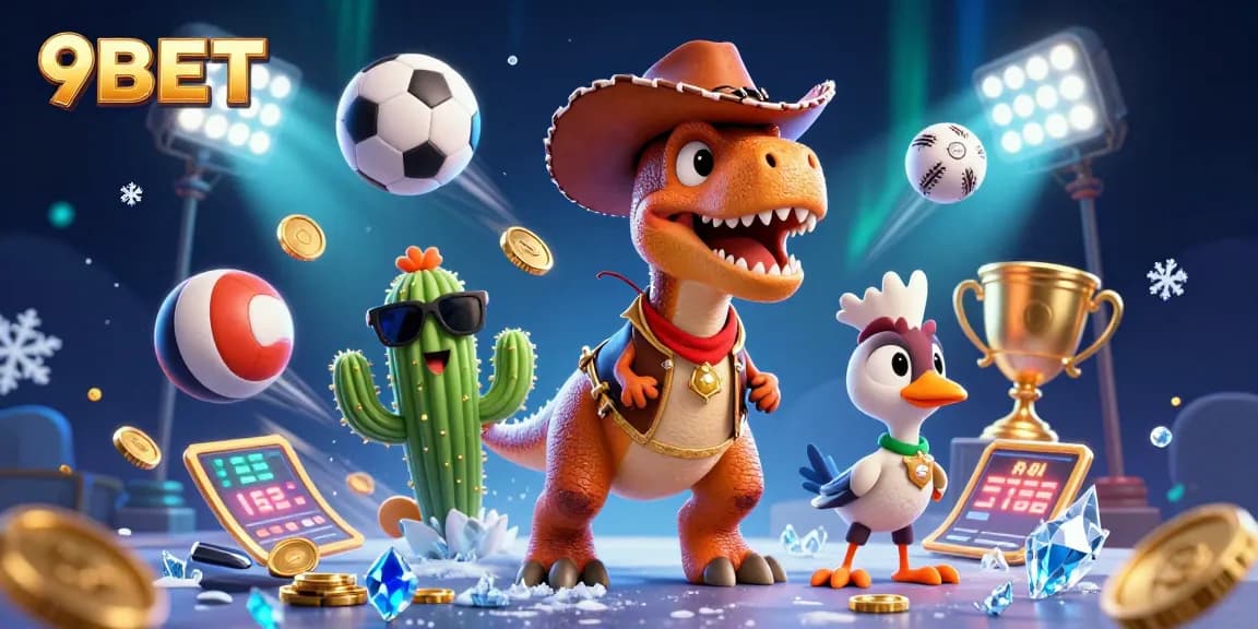 Experience the excitement of 9BET as the cartoon T-Rex and friends engage in casino action.