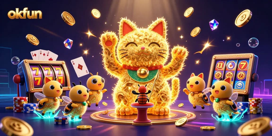 Spin the reels of okfun's vibrant slots with dynamic, colorful casino elements in a magical scene.
