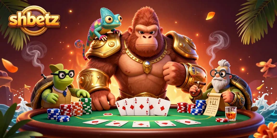 Experience thrilling action with shbetz as the gorilla king and companions engage in an exciting poker showdown.