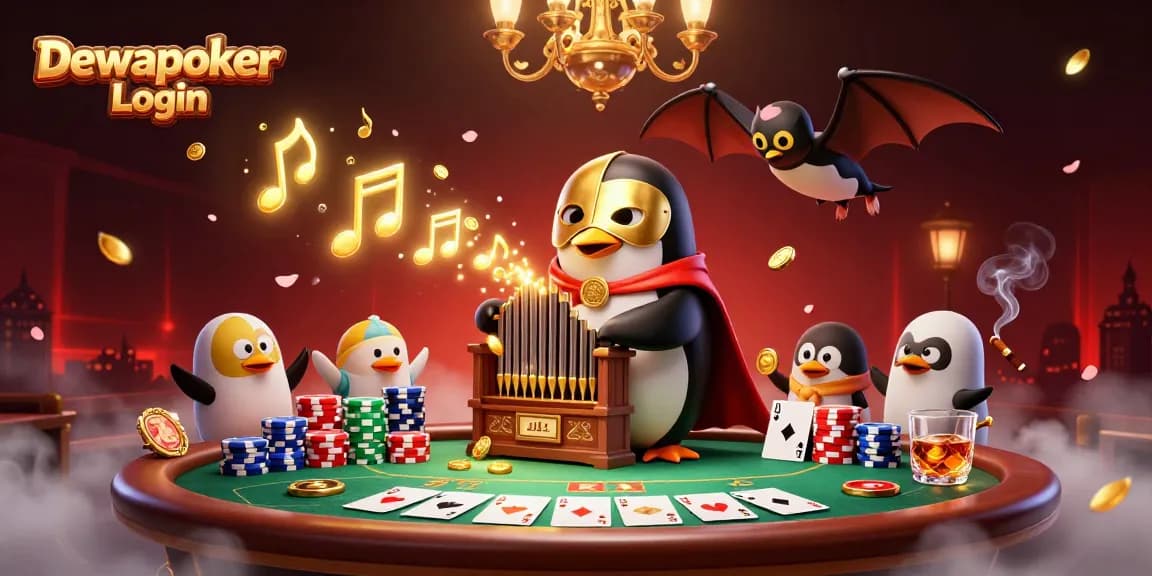 Dewapoker Login showcases a vibrant 3D casino scene filled with poker elements and engaging characters.