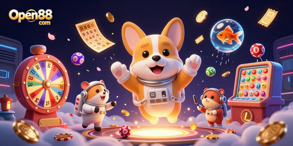 Open88 com brings a playful 3D casino scene with a floating corgi astronaut amidst vibrant lottery action.