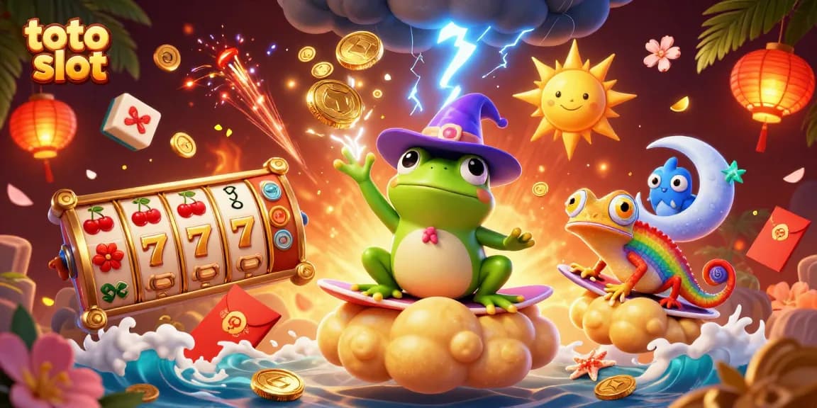 Spin the toto slot reels amidst a vibrant storm of golden coins and magical creatures.
