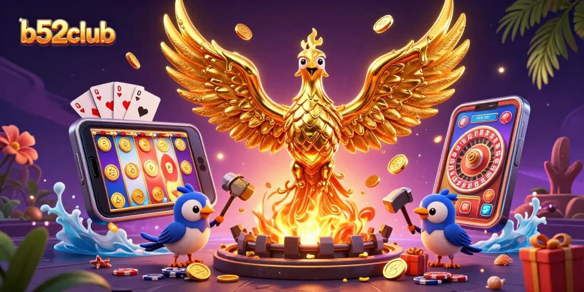Play vibrant slot games at b52club with golden phoenix and dynamic casino elements.